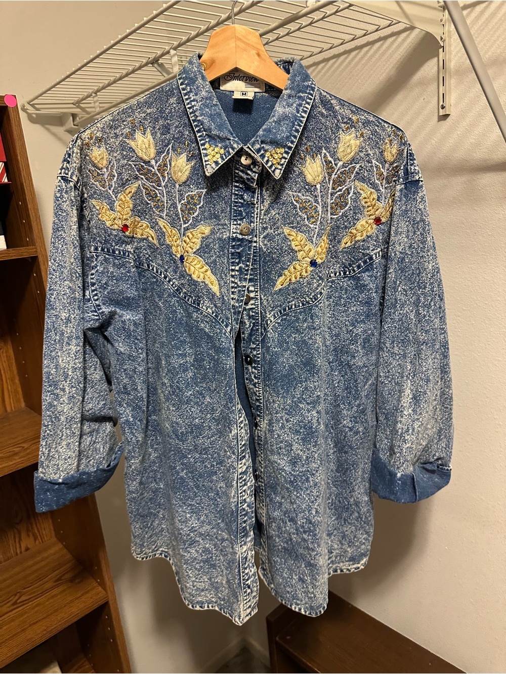 Floral embroidered Acid-Wash Denim Shirt